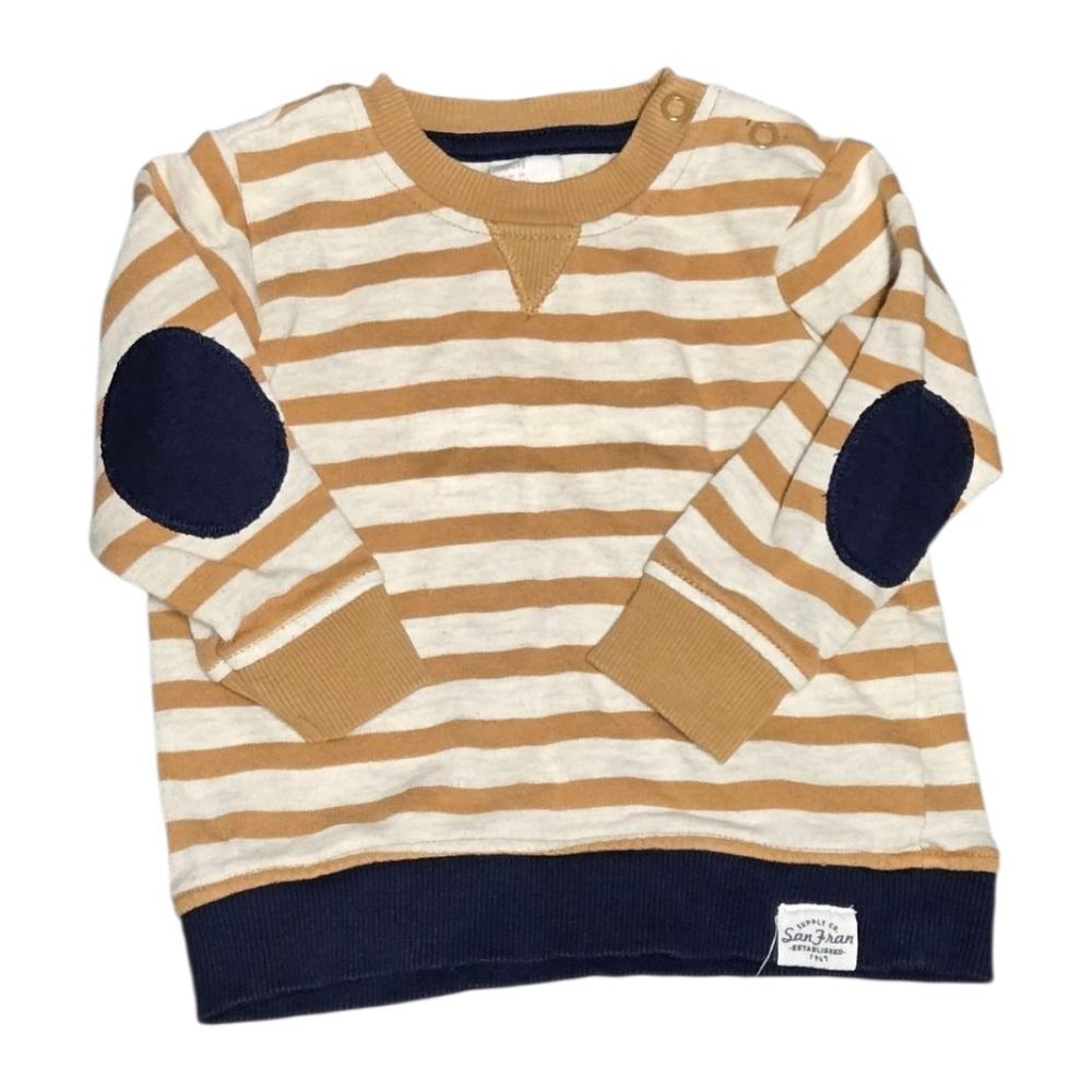 H&M Boys 9M Striped Terry Sweatshirt Cream Tan Navy Elbow Patch Baby Pullover